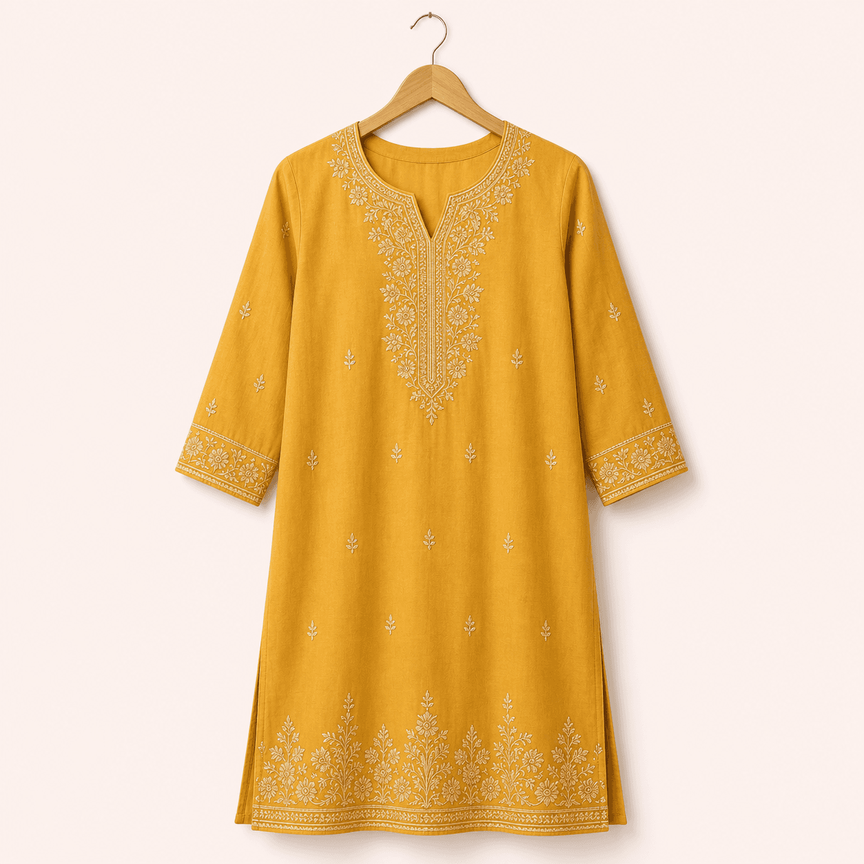 Women’s Embroidered Cotton Kurti - Mustard & Mint Green - Image 1 of 2