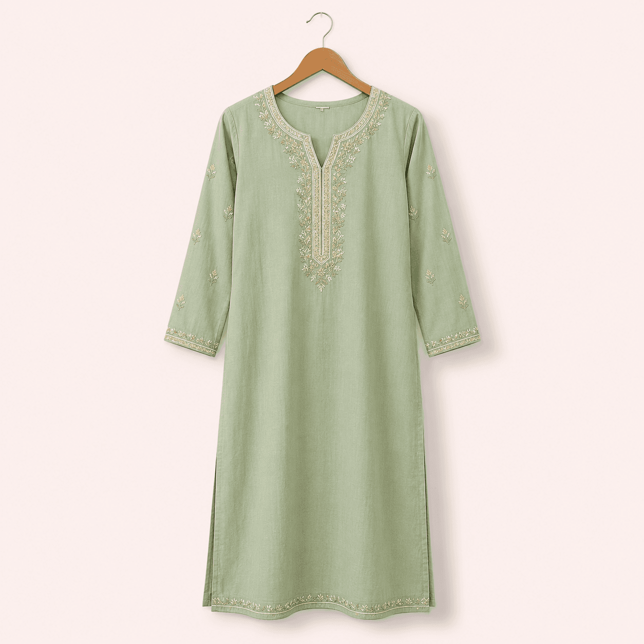 Women’s Embroidered Cotton Kurti - Mustard & Mint Green thumbnail 2