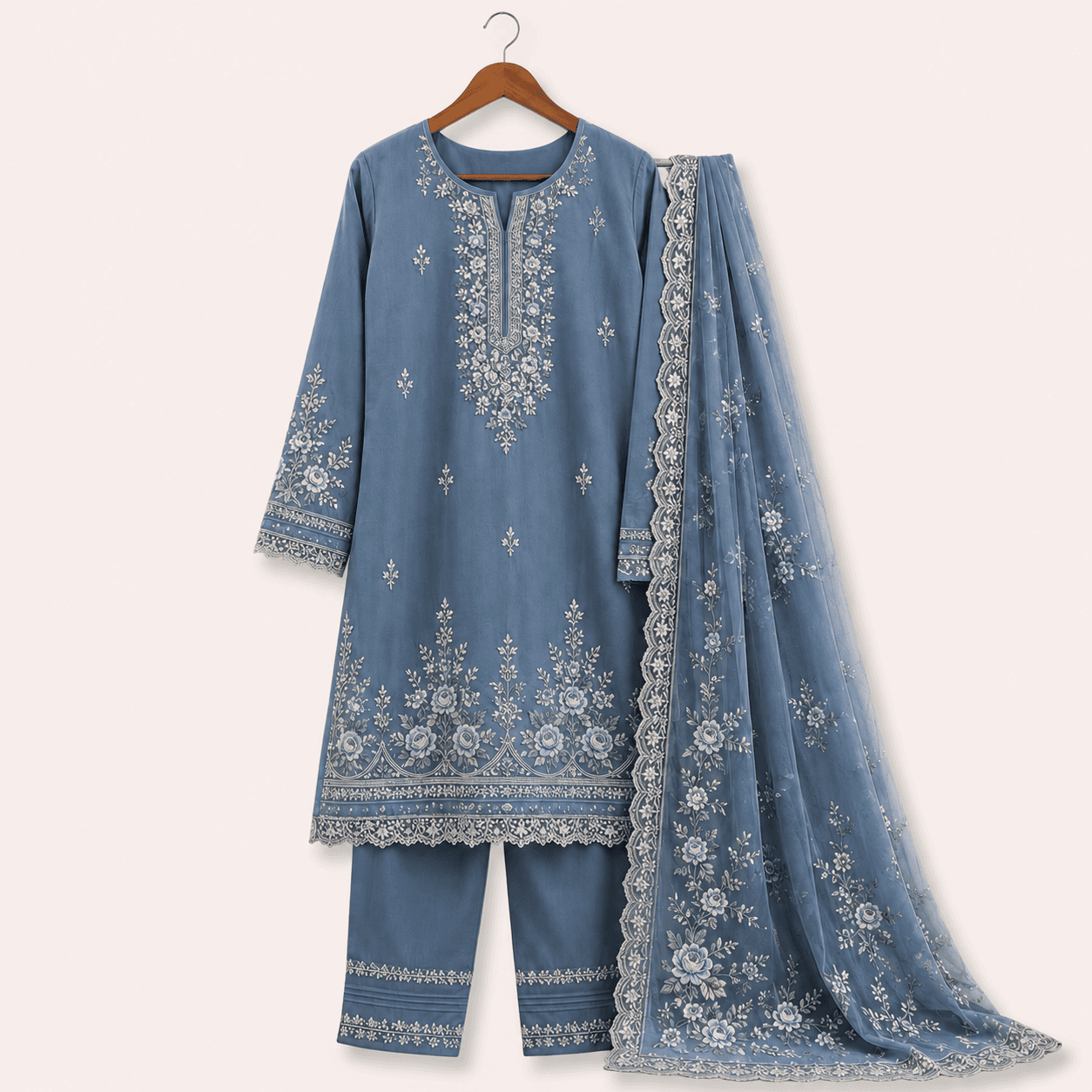 Women’s Embroidered Three Piece Set - Dusty Blue & Dusty Pink - Image 1 of 2