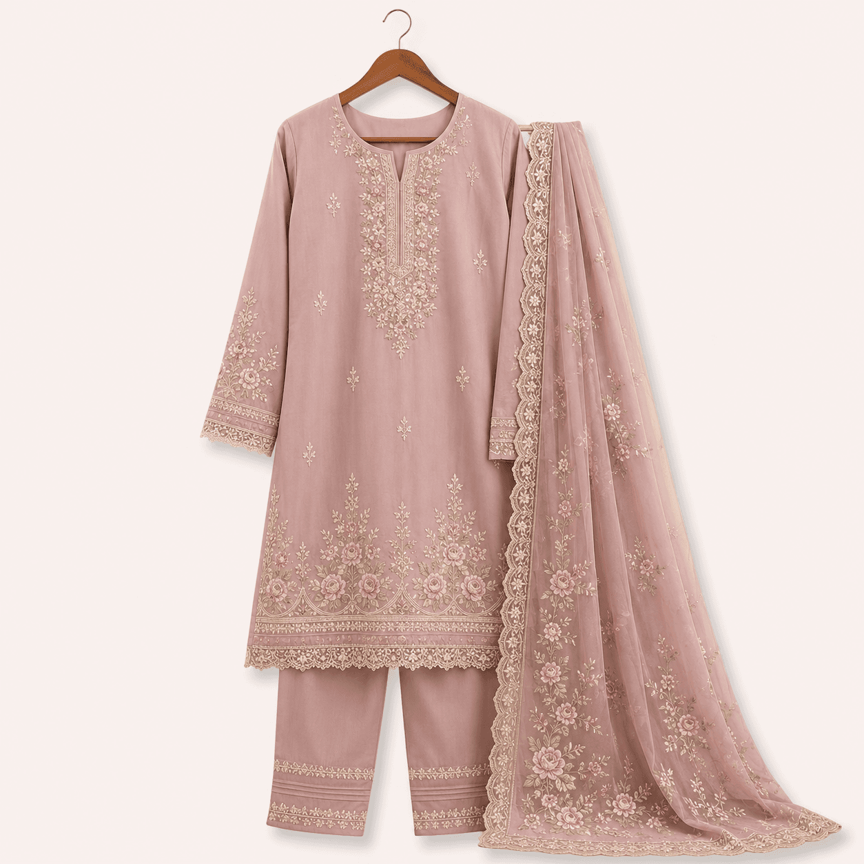 Women’s Embroidered Three Piece Set - Dusty Blue & Dusty Pink thumbnail 2