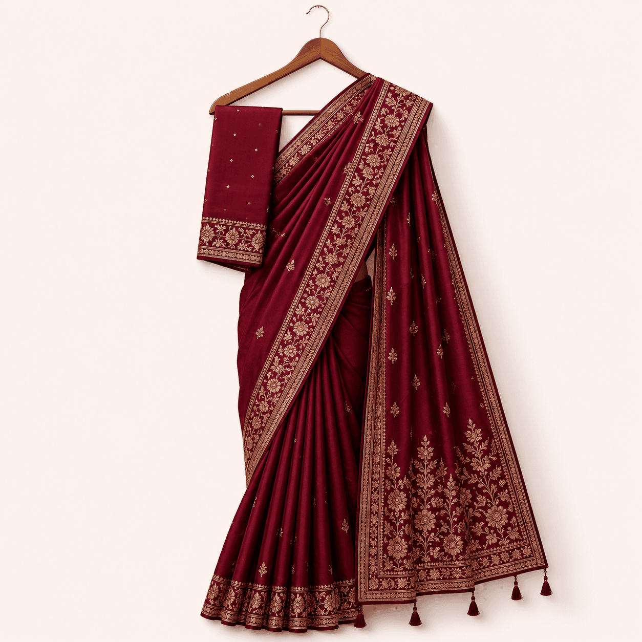 Women’s Embroidered Party Wear Saree - Maroon & Royal Blue - Image 1 of 2
