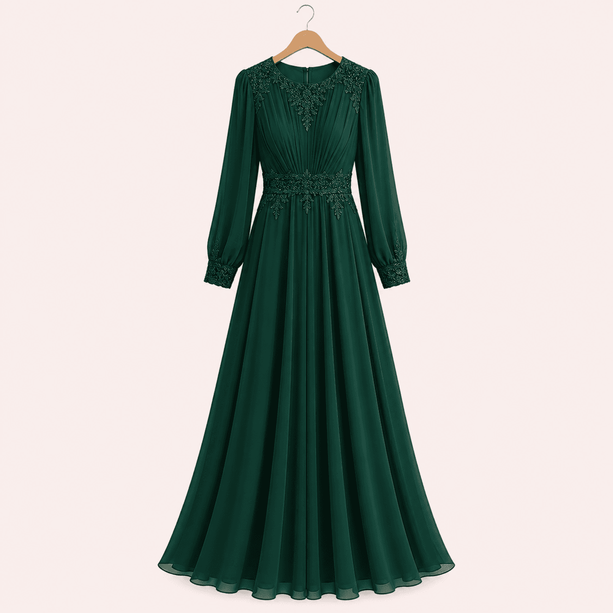 Women’s Elegant Embroidered Gown - Emerald Green & Blush Pink - Image 1 of 2